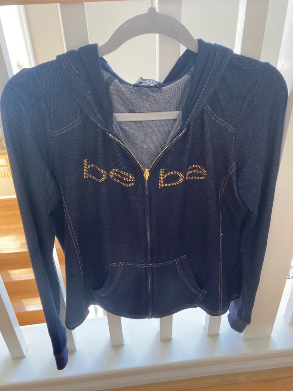 bebe Navy Zip Hoodie with Gold Stud Logo